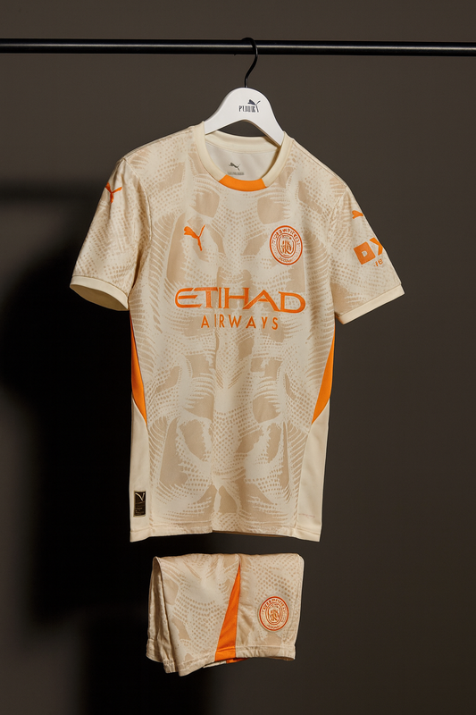 Manchester City 2023/24 Away Jersey (Cream & Orange Patterned Kit) Embroidery.